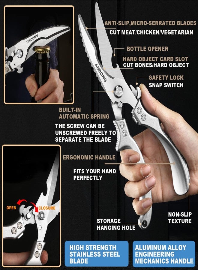 ANDONG Heavy Duty Professional Poultry Shears -Stainless Steel Kitchen & Meat Scissors with Leather Sheath, Dishwasher Safe Spring Loaded Utility Shears for Cooking, Butchering, Cutting - Image 3